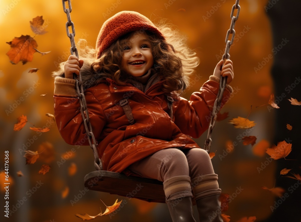 Little girl in autumn swinging in the park with some red and yellow leaves