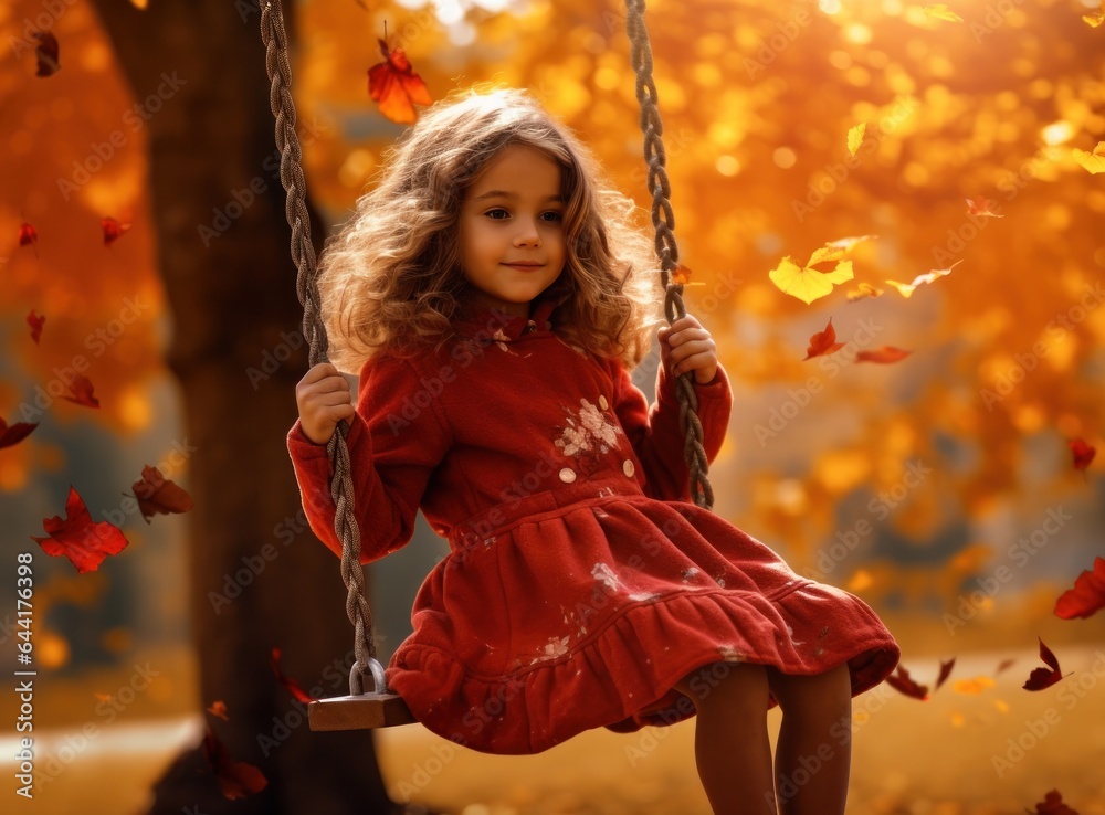 Little girl in autumn swinging in the park with some red and yellow leaves