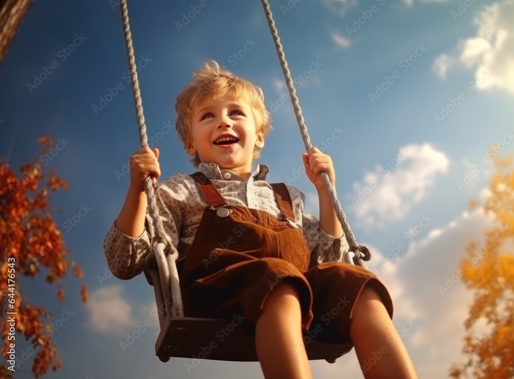 Little girl in autumn swinging in the park with some red and yellow leaves