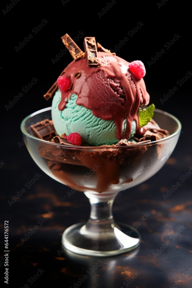 Pouring chocolate ice cream onto hot pot sauce