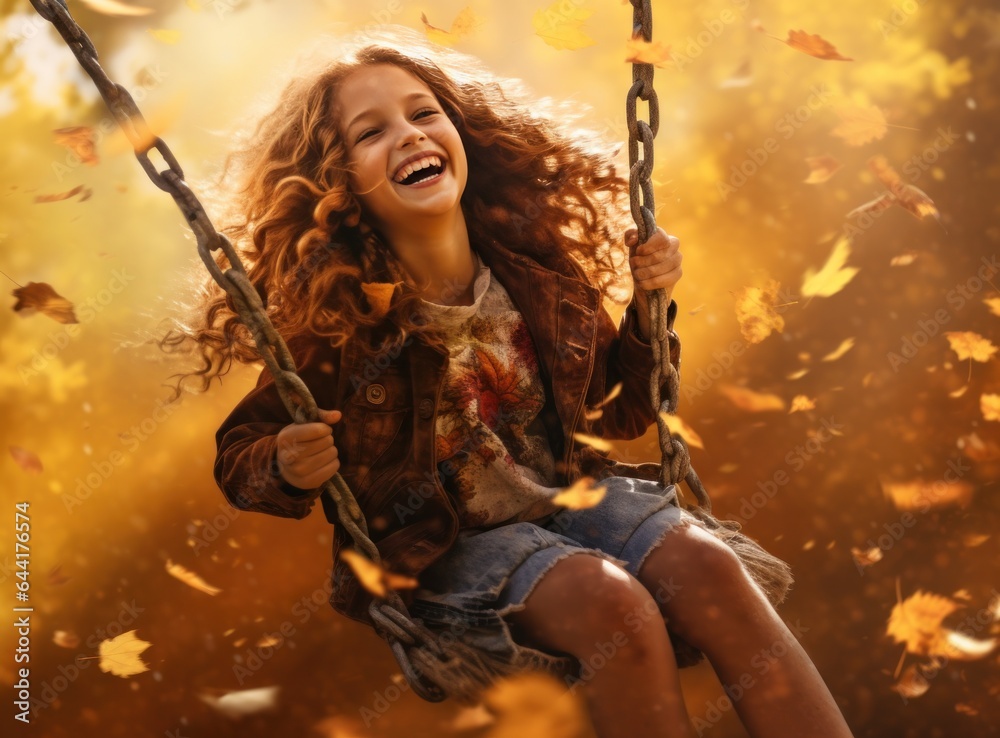 Little girl in autumn swinging in the park with some red and yellow leaves