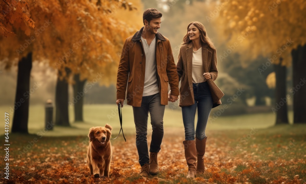 couple walking their dog in autumn park