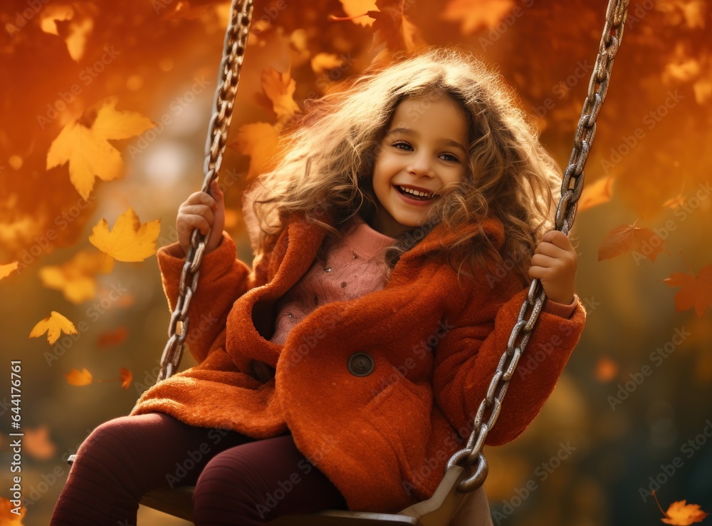 Little girl in autumn swinging in the park with some red and yellow leaves