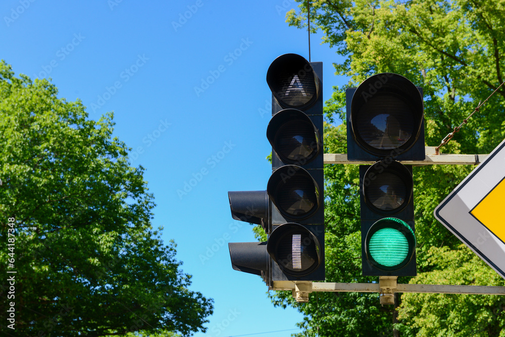 View of red traffic light in city, closeup