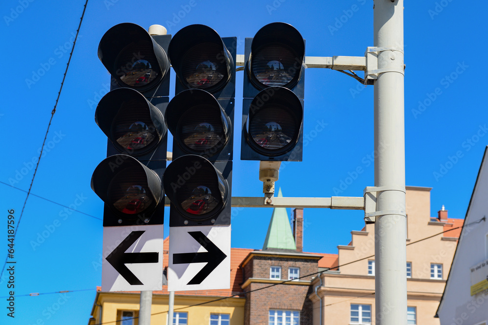 View of traffic lights in city, closeup