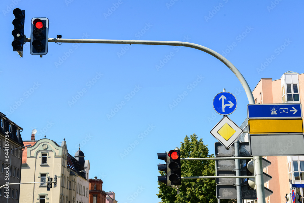 View of red traffic lights in city