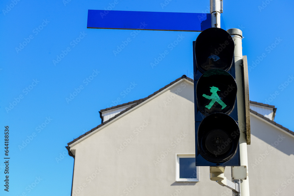 View of green pedestrian traffic light in city, closeup