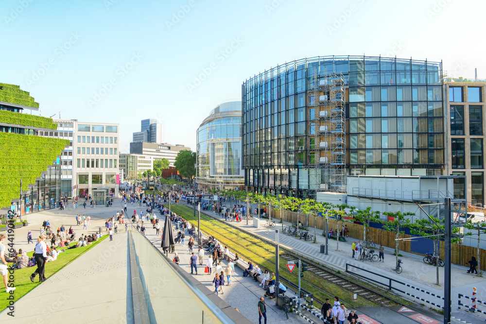 View of city street with modern buildings