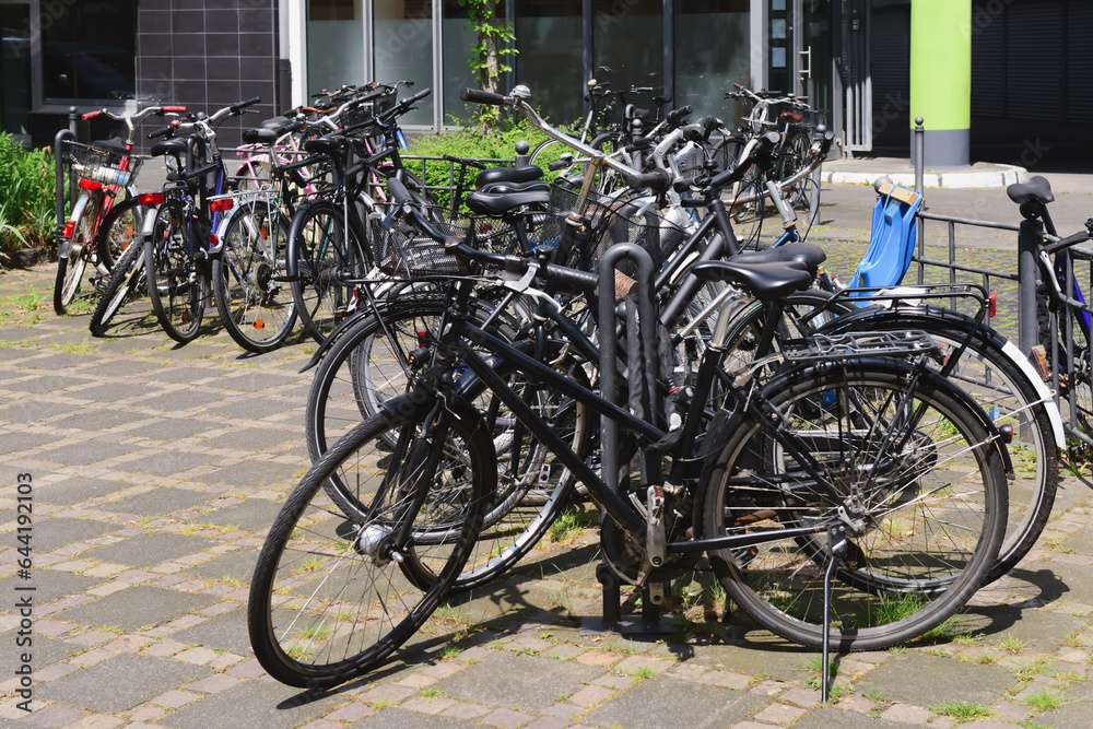 Modern bicycles parked on city street