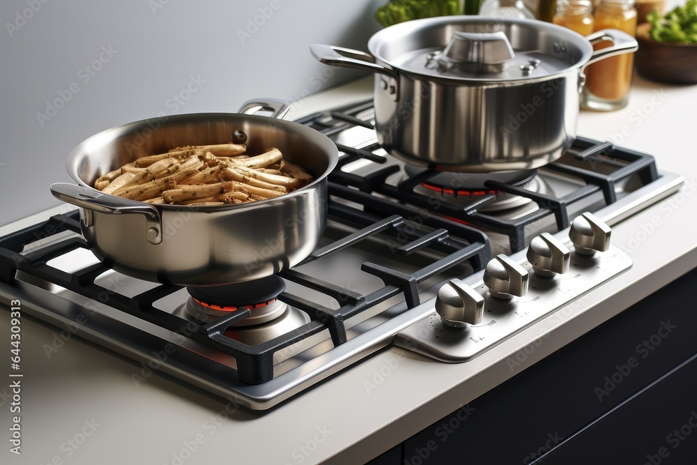 Rectangle gas cooktop with two pans cooking food at kitchen.