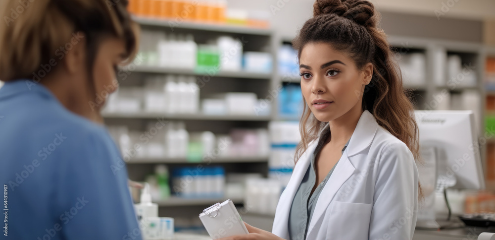 Pharmacist talks with concerned customer about medication in a pharmacy.