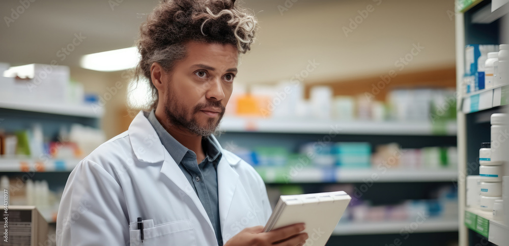 Pharmacist talks with concerned customer about medication in a pharmacy.