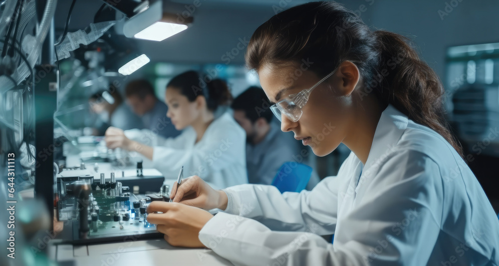 Students Working in Advanced Lab with Science Equipment, Microchip Design and Electronics Developmen