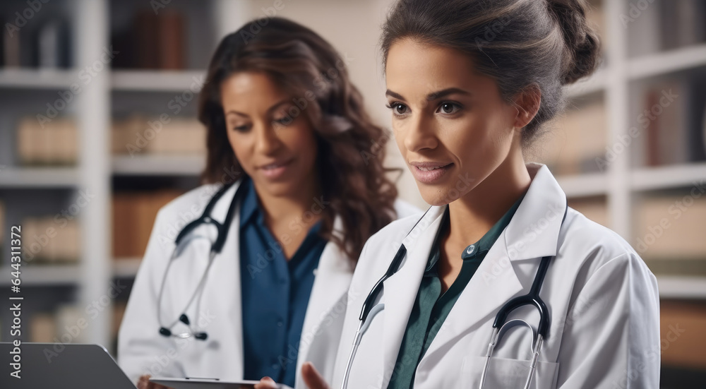 Doctors mentor with student using tablet at hospital.