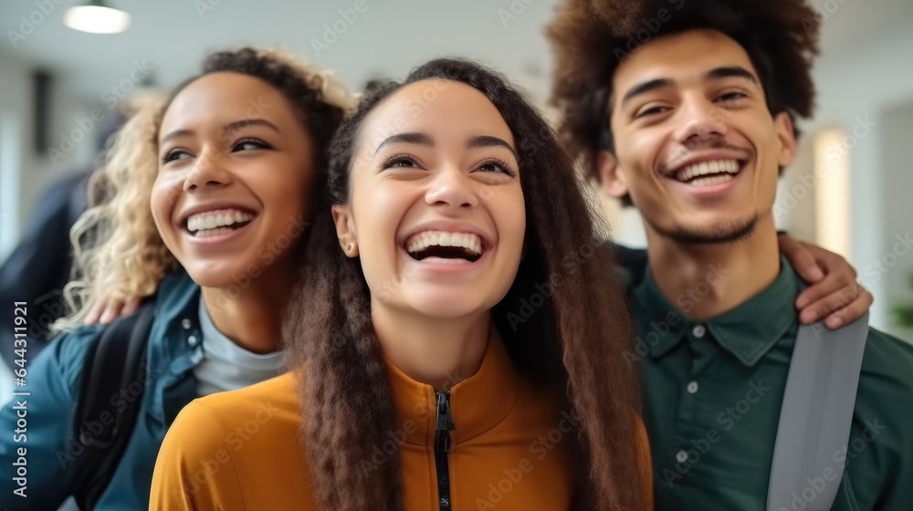 Excited united diverse friends laughing and embracing in college classroom.