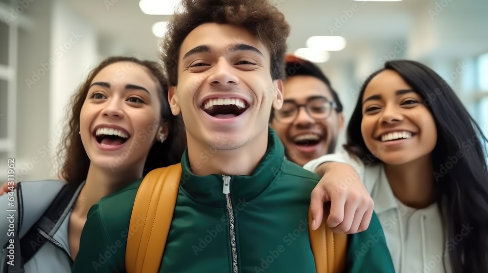 Excited united diverse friends laughing and embracing in college classroom.