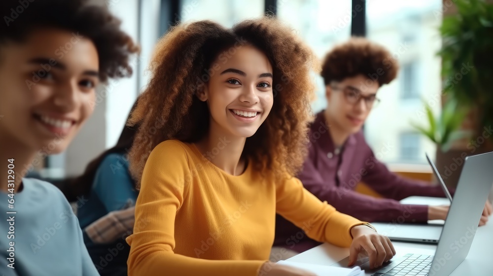 Happy black female student studying in classroom at university, Group mates sitting nearby.