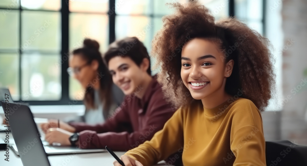 Happy black female student studying in classroom at university, Group mates sitting nearby.