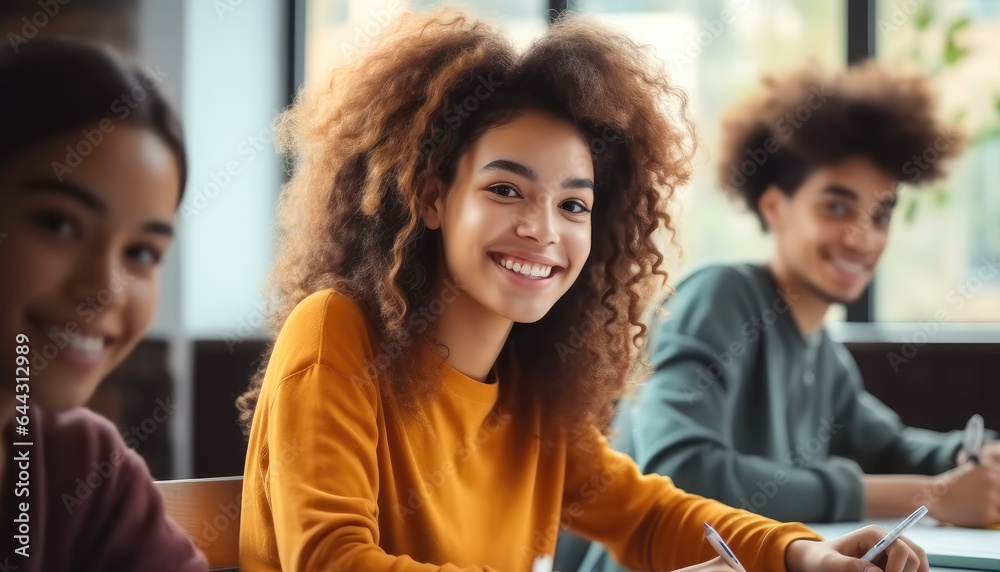 Happy black female student studying in classroom at university, Group mates sitting nearby.