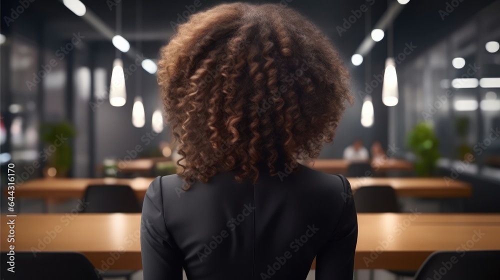 Rear view, Black businesswoman standing at office.