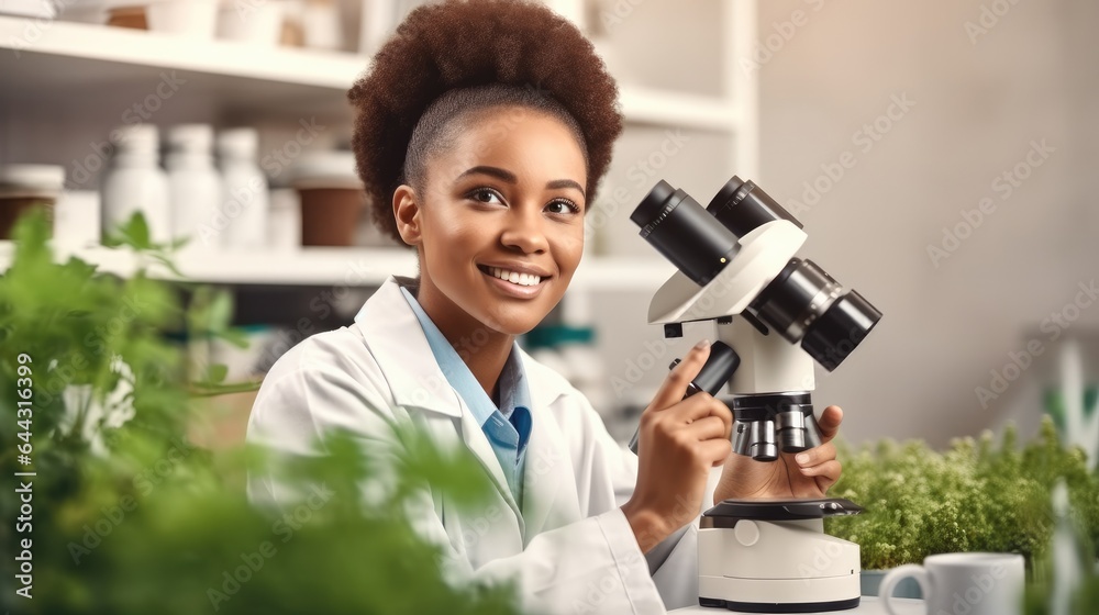 Portrait of Science woman with microscope are research for agriculture at laboratory, Sustainability