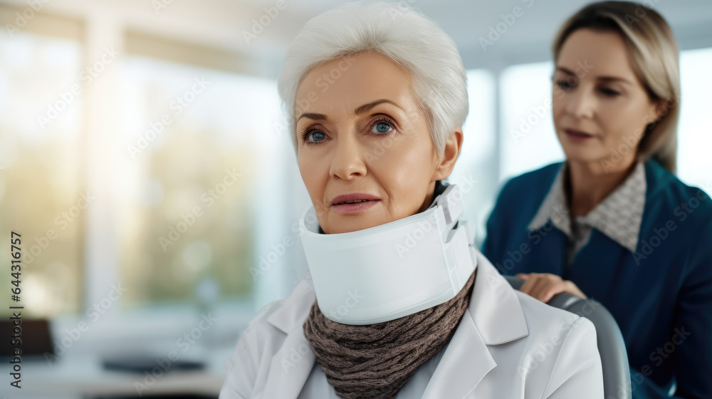 Senior woman and neck brace after injury accident and receive treatment at hospital emergency, Medic