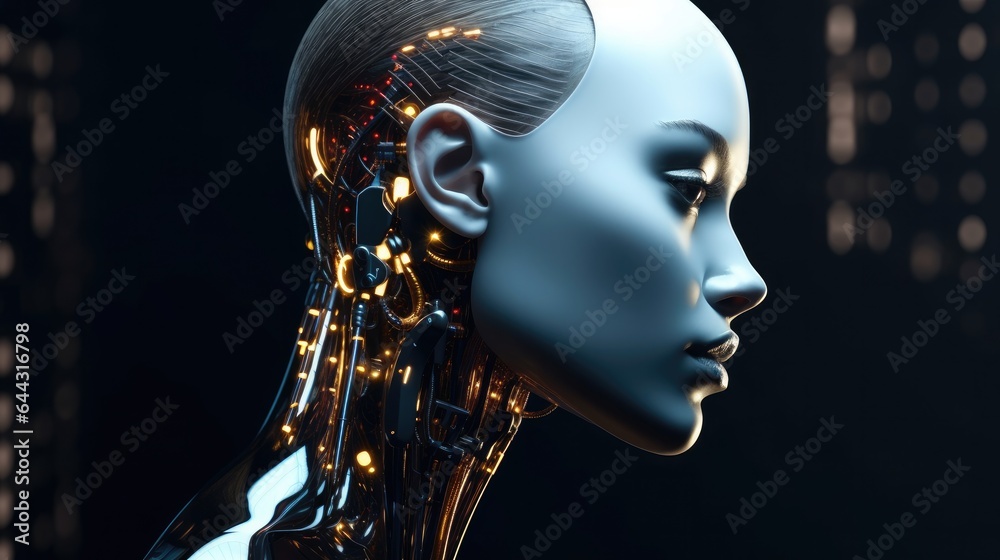 Side view, Female humanoid robot invention on dark dark background.