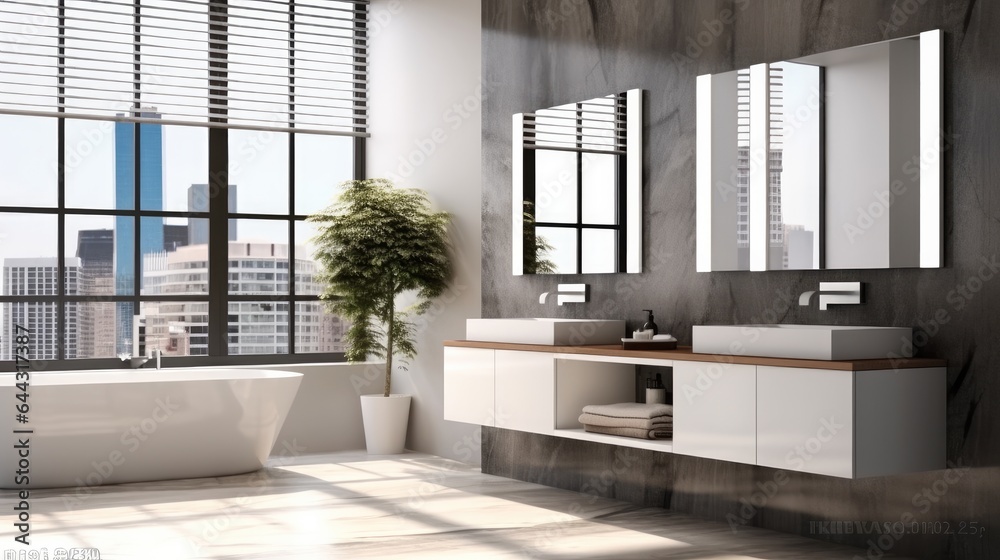 Hand washing sinks in modern bathroom.