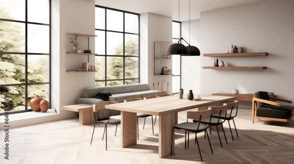 Modern kitchen interior with dining table and seats.