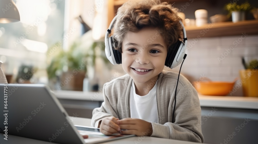 Little boy using tablet and headphones for learning in home, Studying on internet and listening to m