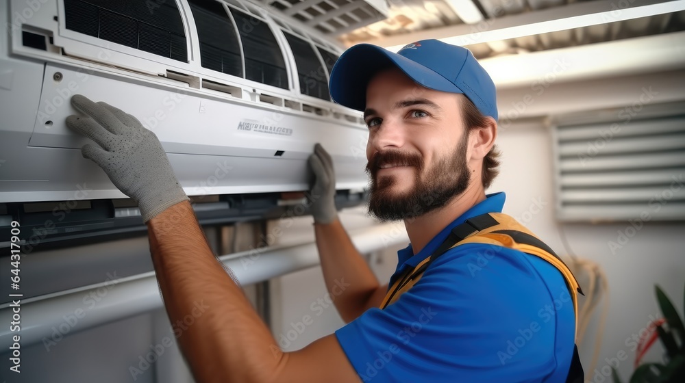 Technician working on air conditioning indoor unit, Repairing air conditioner.