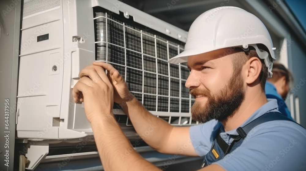 Air conditioner repairmen work on home unit.