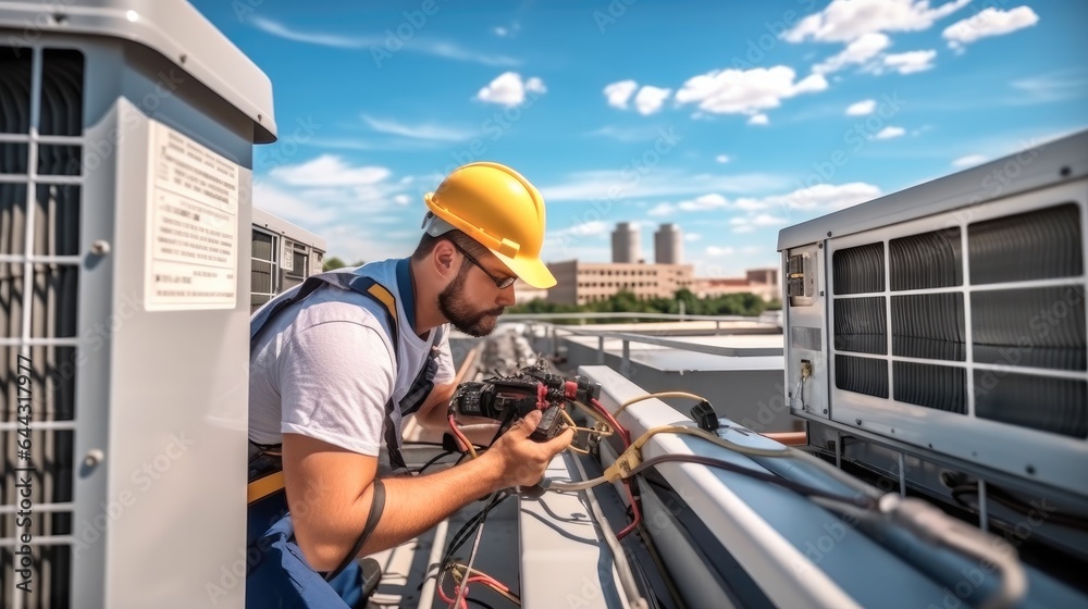 Air conditioner workers service outside unit at home.