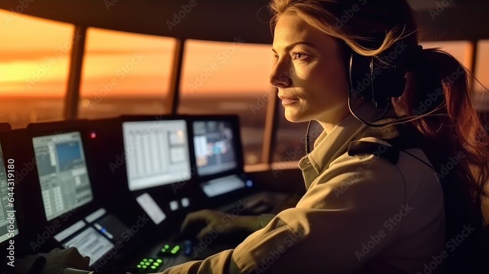 Air traffic controller in the control tower working on his screen, Woman working as air traffic cont