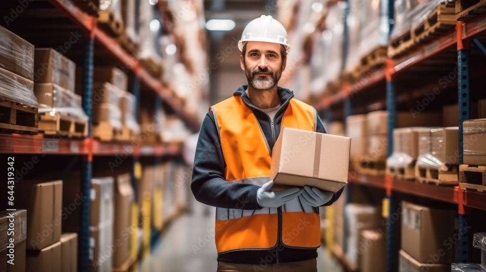 Manager in a warehouse is inspecting and arranging boxes on shelves, Inspecting goods in a storage a