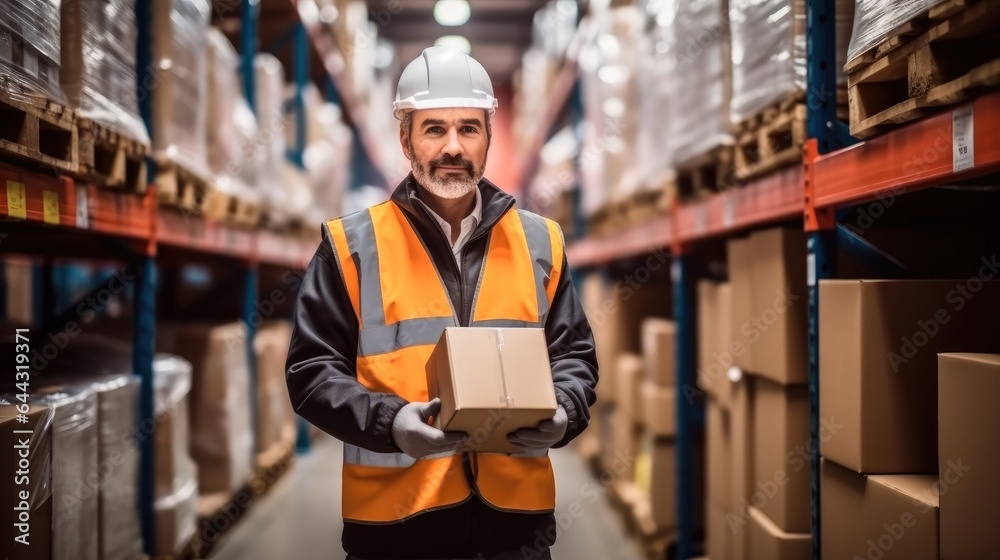 Manager in a warehouse is inspecting and arranging boxes on shelves, Inspecting goods in a storage a