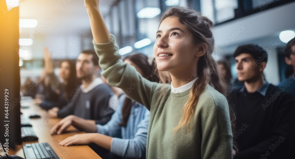 Young Woman Student Raises Hand and Asks Teacher a Question in classroom at university with Diverse 