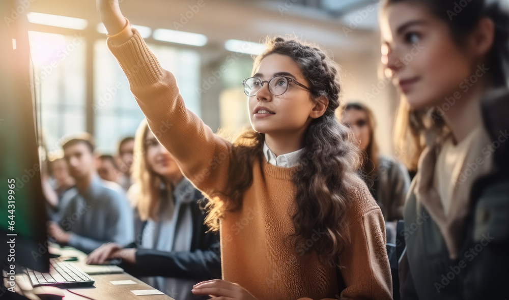 Young Woman Student Raises Hand and Asks Teacher a Question in classroom at university with Diverse 