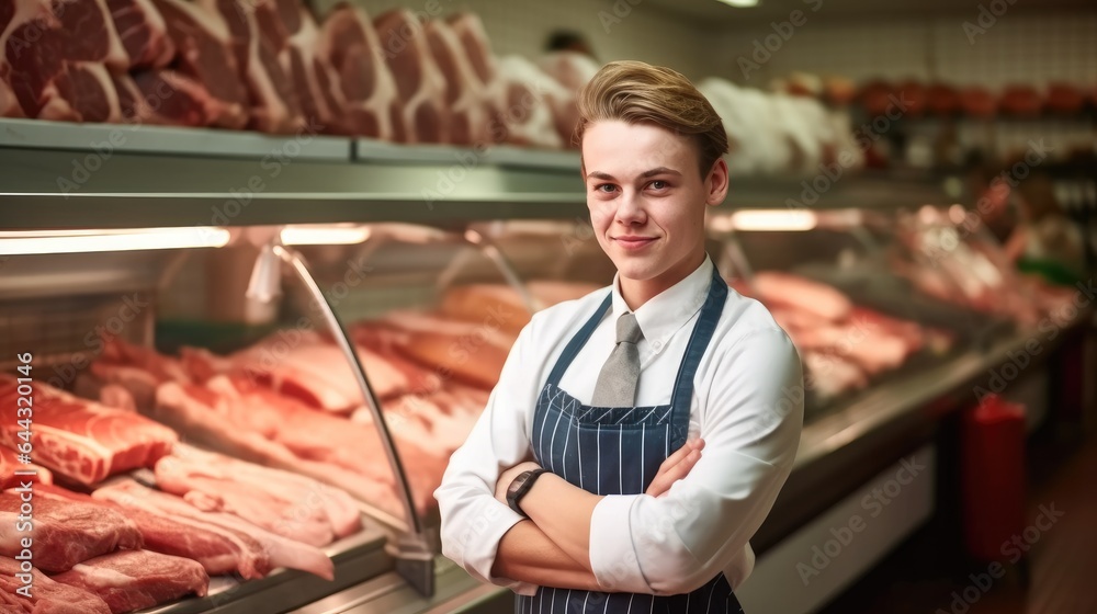 Butcher working in modern meat shop.