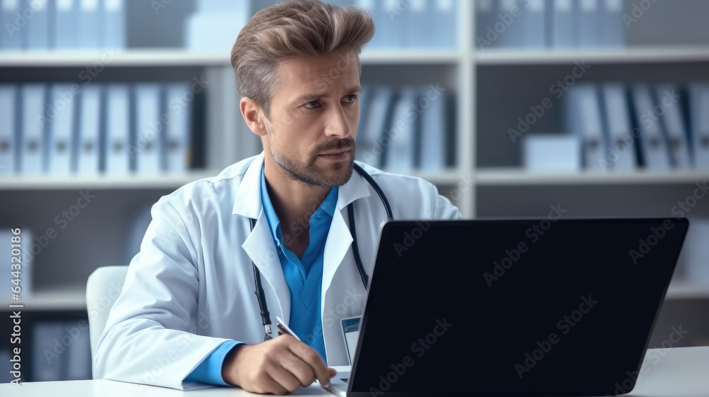 Young male doctor radiologist are working with laptop in the clinic.