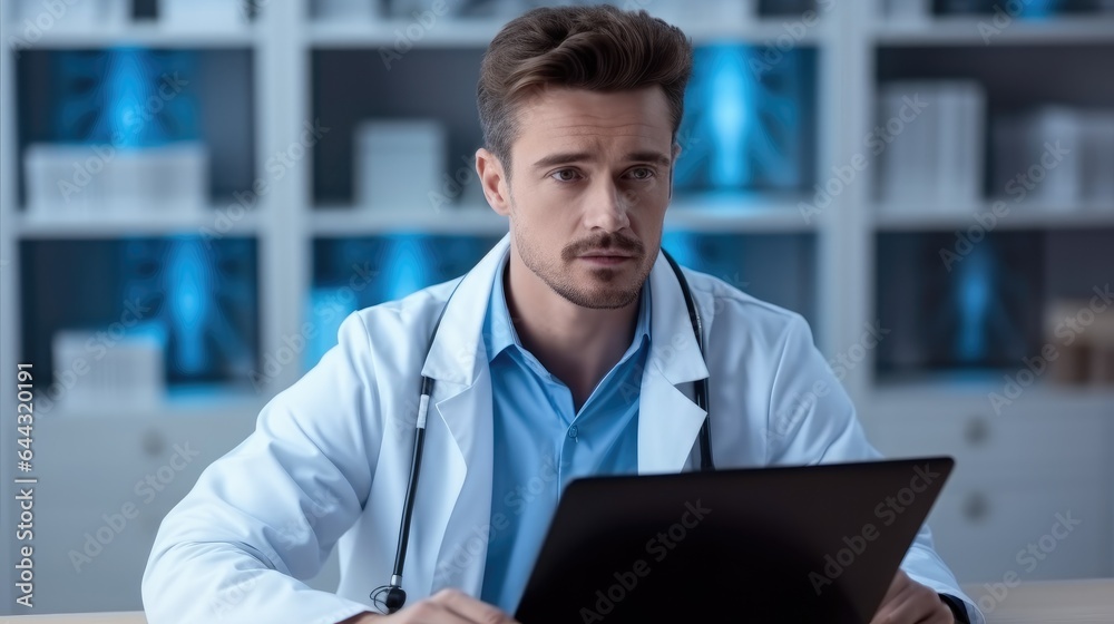 Young male doctor radiologist are working with laptop in the clinic.