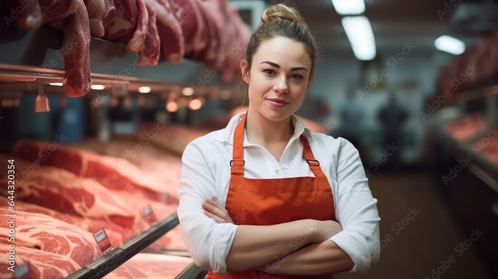 Woman worker standing in front of shelves with raw meat, Butcher working in modern meat shop.