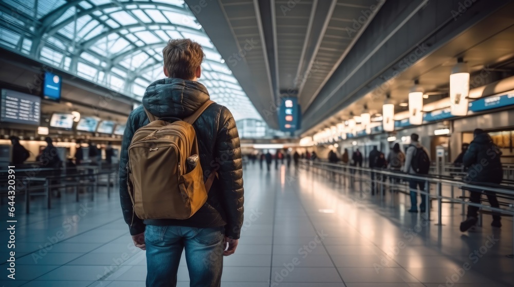 Young man with backpack looking at flight information at airport.