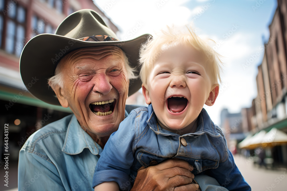 Joyful grandfather holding his grandson spending time together outdoors. Happy elderly man with a ba