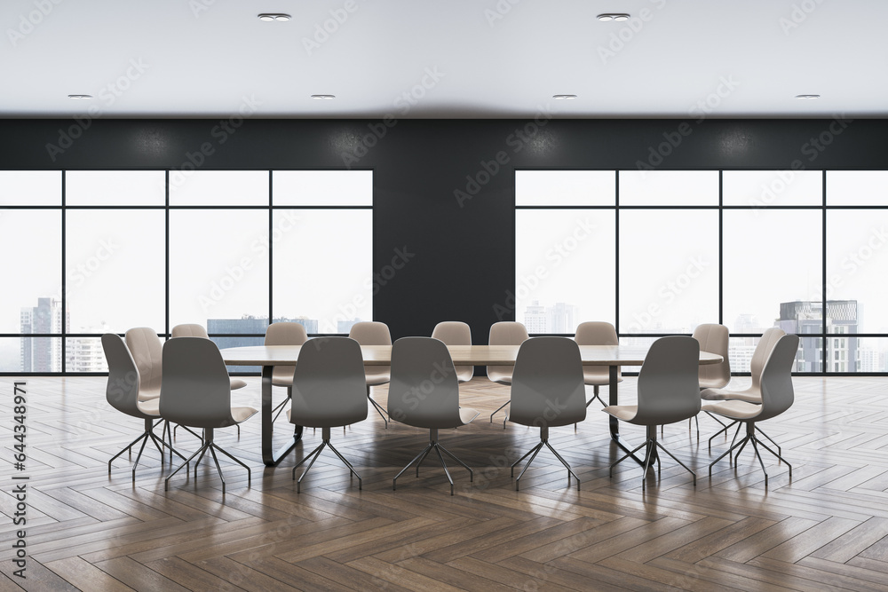 Modern conference room interior with furniture and panoramic window with city view, daylight and woo