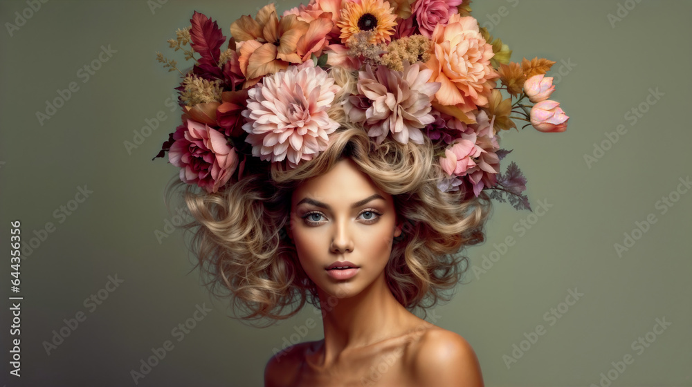 woman in a crown of autumn flowers. Generative AI