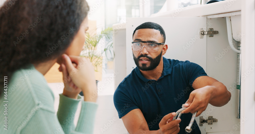 Plumber black man, woman and maintenance talk in kitchen for sink pipe with customer support in home