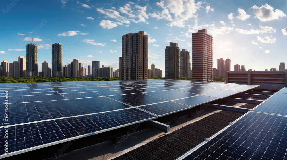 Clean energy, Solar panels with a city skyline in background, showcasing the integration of renewabl