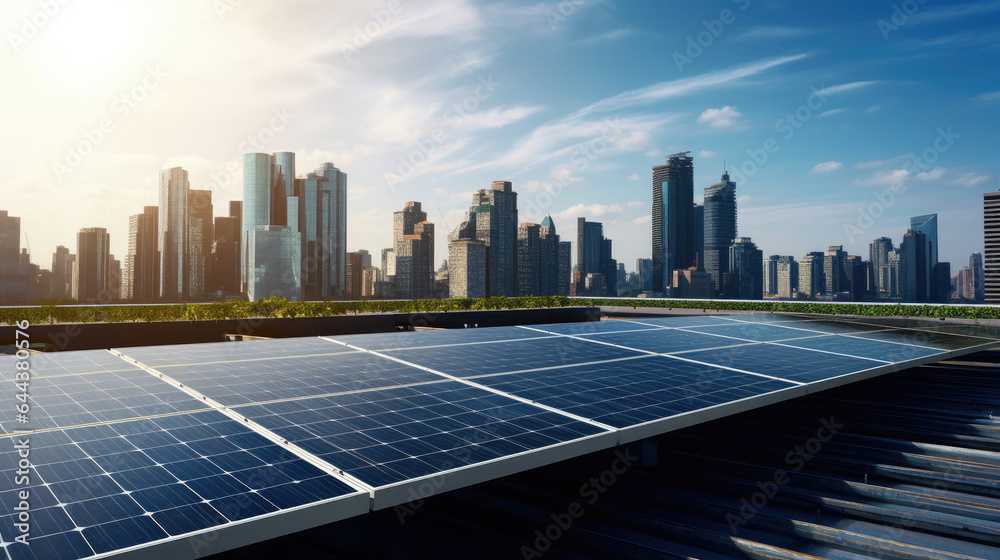 Clean energy, Solar panels with a city skyline in background, showcasing the integration of renewabl