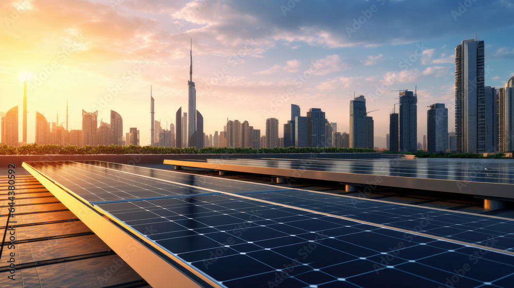 Clean energy, Solar panels with a city skyline in background, showcasing the integration of renewabl